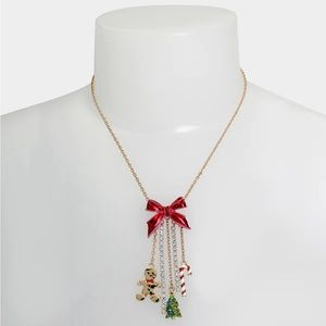 Betsey Johnson Gingerbread Man Candy Cane Xmas Tree Necklace